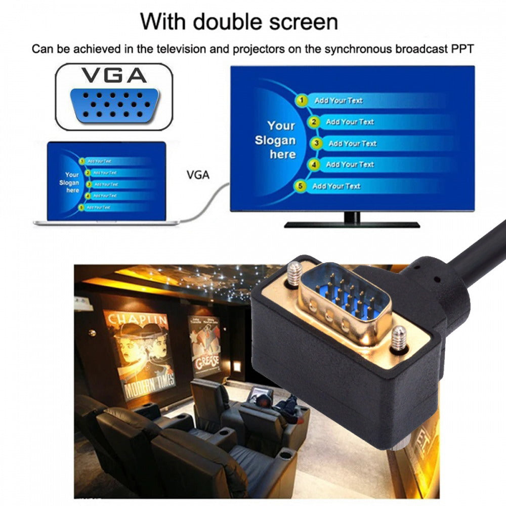 90 Degree Down Angled VGA RGB Male to Straight Male Extension Cable 3COAX+6C for Monitor Projector Computer DB-007-DN