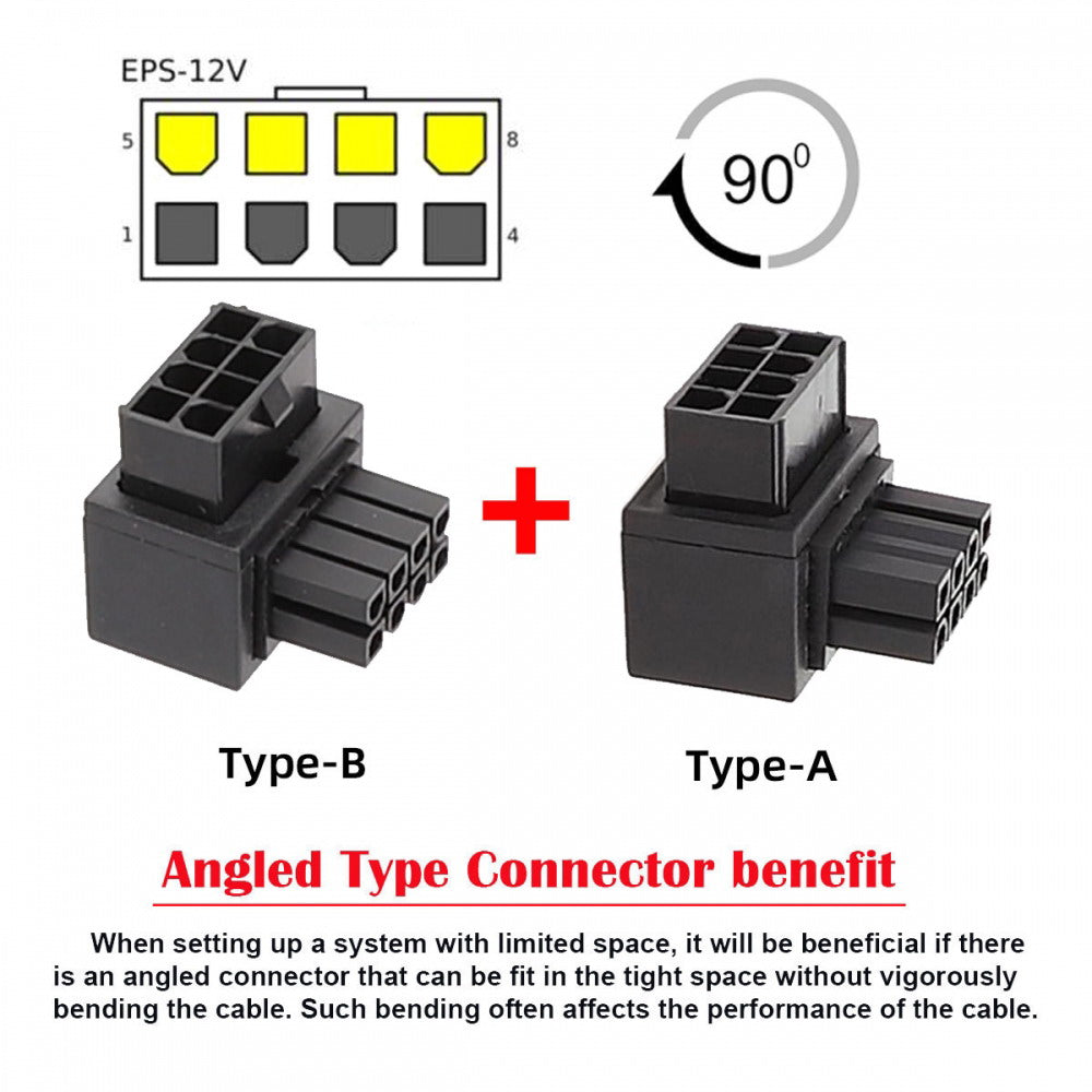 2pcs/lot ATX 8P EPS Male to Female 90 Degree Up Down Angled Power Header Adapter for CPU 12V PW-054