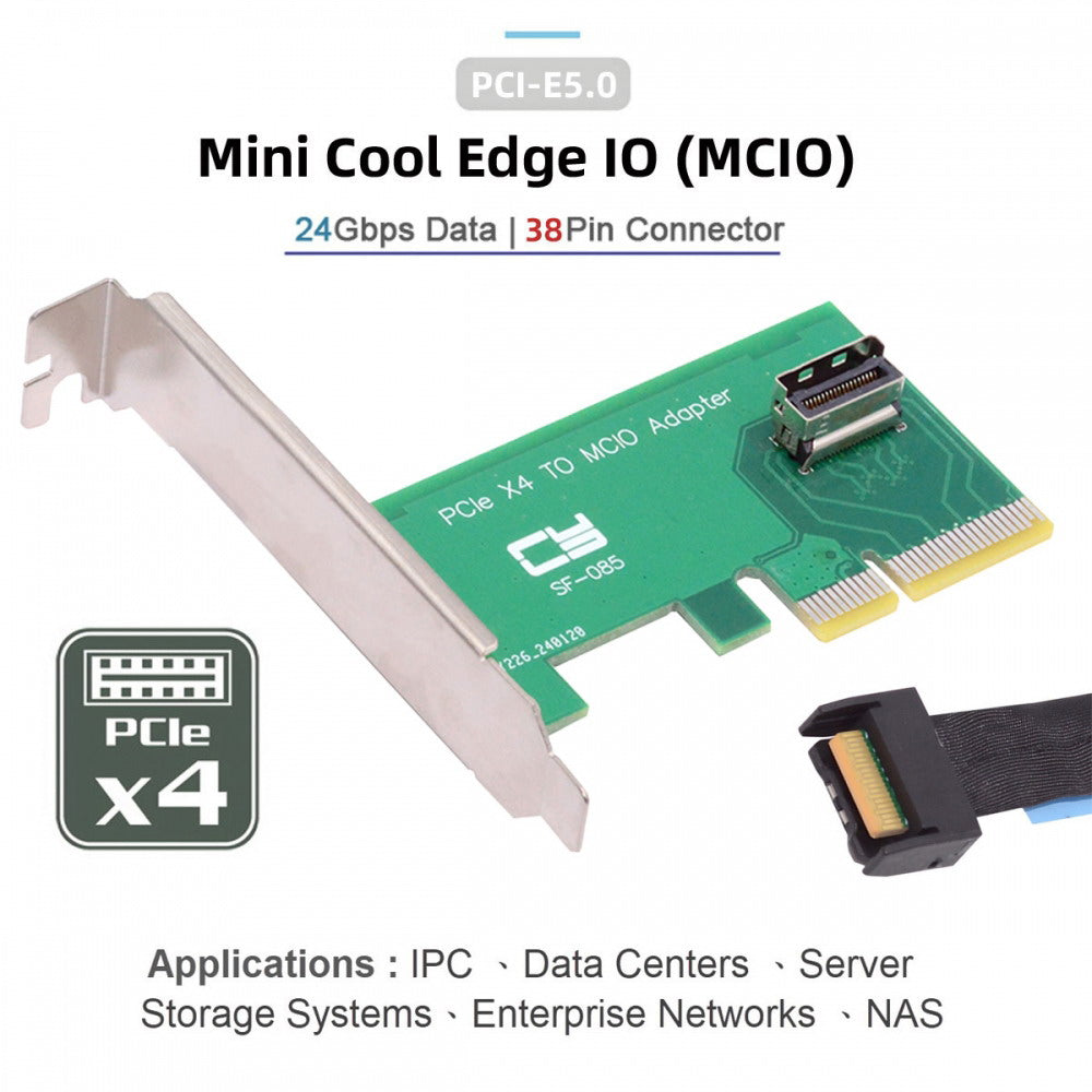 PCI-Express 5.0 4.0 4X to MCIO Mini Cool Edge IO Female Host Adapter for PCIe Nvme U.2 SSD SF-085