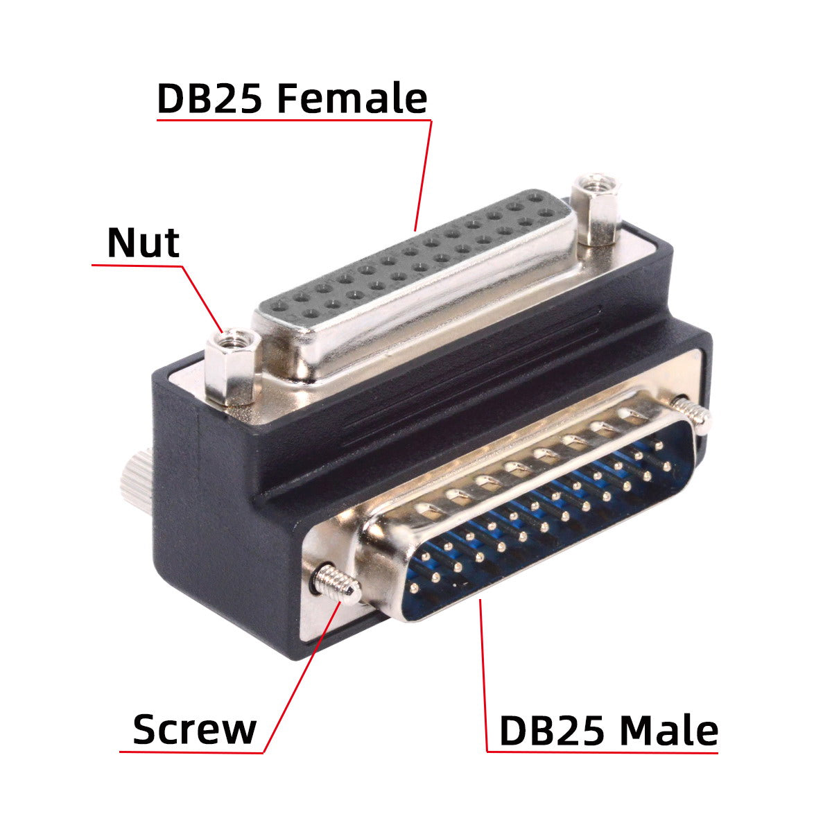 DSUB Parallel LPT AES/EBU DB25pin Male Nut to Female Screw Extension Adapter DB Connector Down 90 Degree Angled DB-008-DN