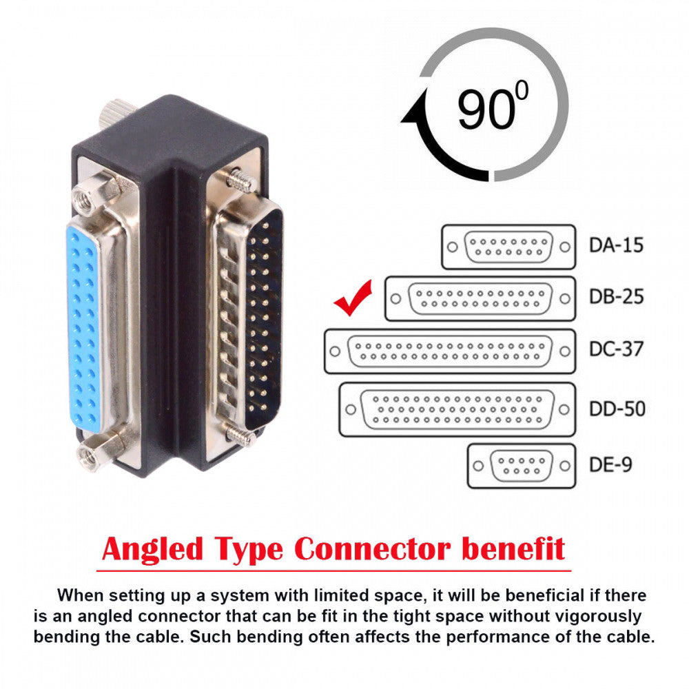 DSUB Parallel LPT AES/EBU DB25pin Male Nut to Female Screw Extension Adapter DB Connector Down 90 Degree Angled DB-008-DN