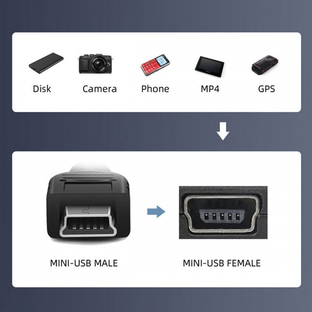 90 Degree Left Angled Mini USB 5Pin Male to Female Extension Cable 30cm for GPS Camera U2-049-LE