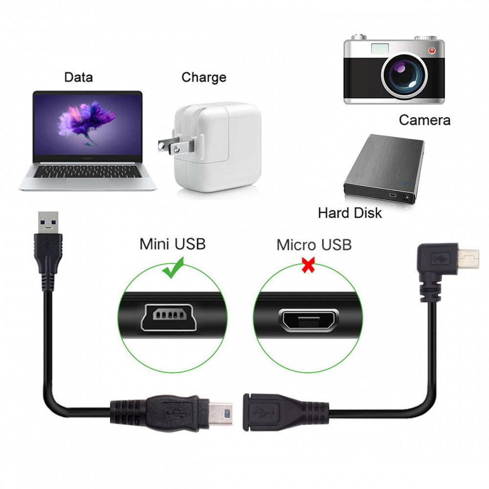90 Degree Left Angled Mini USB 5Pin Male to Female Extension Cable 30cm for GPS Camera U2-049-LE