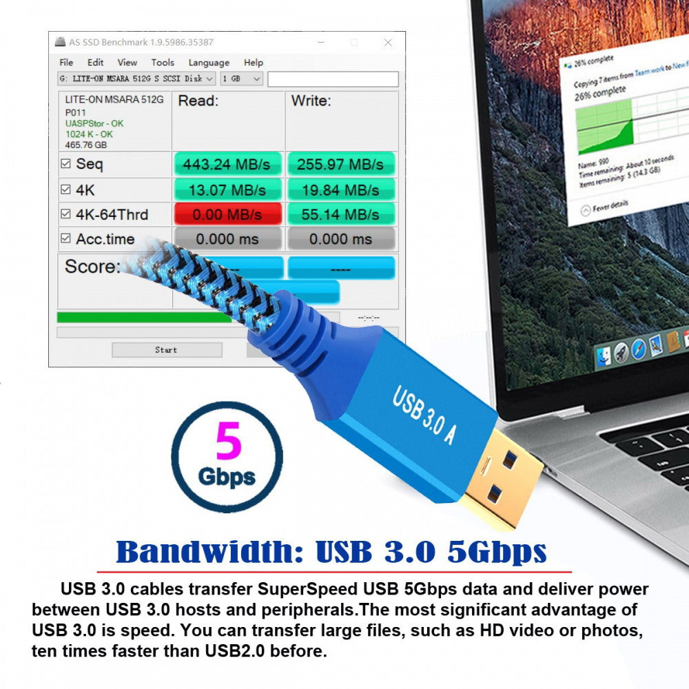 USB 3.0 Type-A Male to USB3.0 A Male Cable Extension Blue Sleeve 5Gbps for Disk SSD Camera Data U3-085-AM