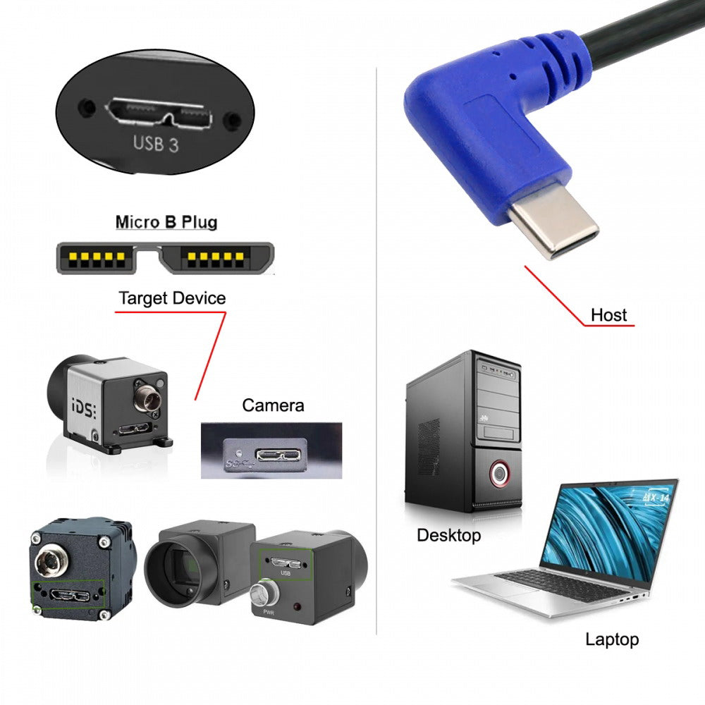 Angled USB-C Type-C Host to Micro USB3.0 90 Degree Right Angled for Industrial Camera Storage Phone UC-166