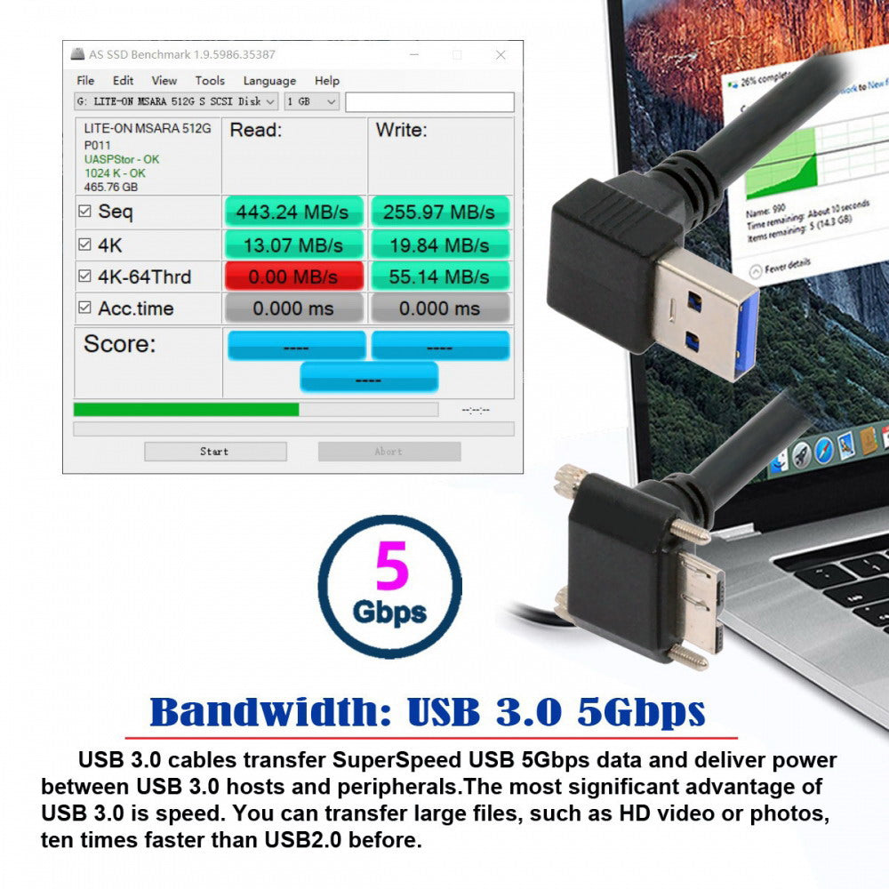 Down Angled 90 Degree USB 3.0 A Male to Micro-B 3.0 Plug Down Angled Locking Screw Panel Cable 25cm U3-078-DN
