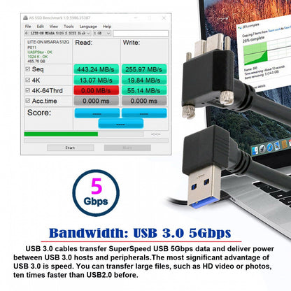 Down Angled 90 Degree USB 3.0 A Male to Micro-B 3.0 Plug Up Angled Locking Screw Panel Cable 25cm U3-078-UP