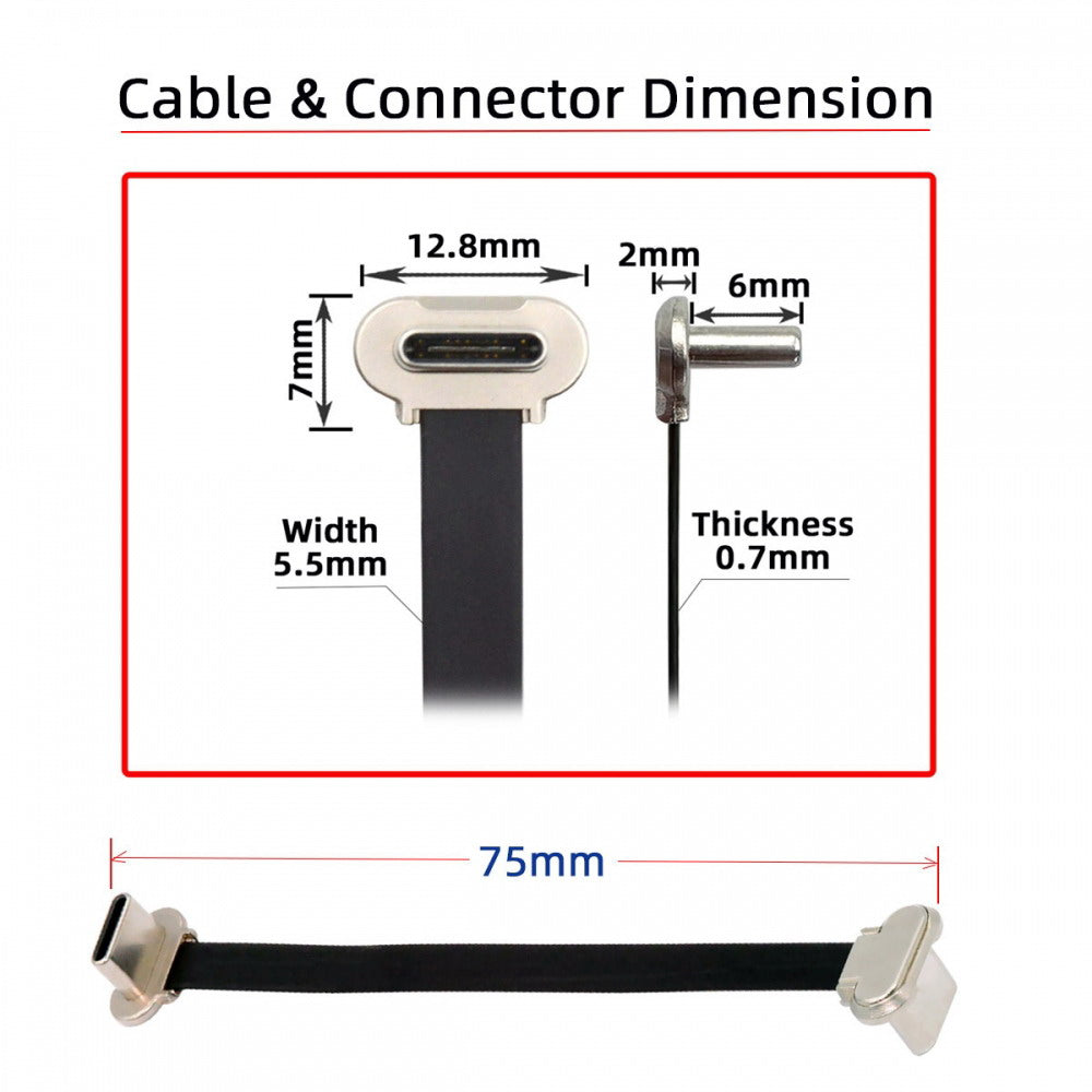 Angled USB-C Type C to USB-C Ultra Slim Flat Power USB2.0 Data Cable 65W Fast Charge for Laptop Tablet Phone UC-170-0.07M