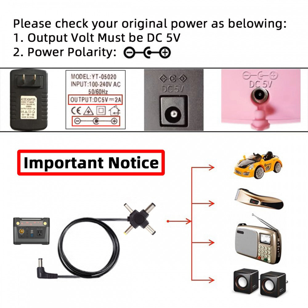 DC 5.5mm Plug to 4-in-1 DC 5V 5.5x2.5mm 5.5x2.1mm 4.0x1.7mm 3.5x1.3mm Power Plug Barrel Connector Charge Cable PW-010-DC