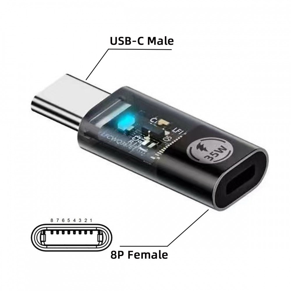 Transparent LED USB-C Type C Male to 8P Female 35W Power 480Mbps Data Adapter Compatible with iPhone15 & Android & Tablet U2-058-LT022