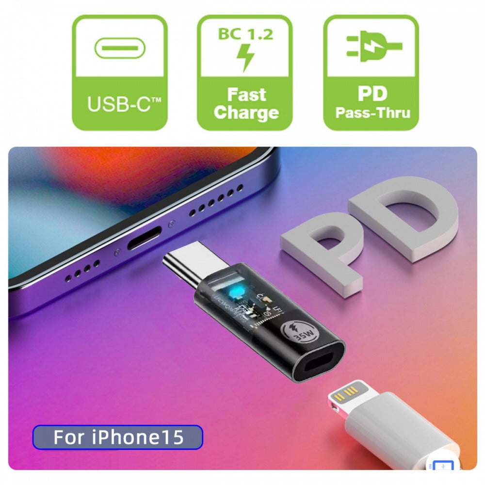 Transparent LED USB-C Type C Male to 8P Female 35W Power 480Mbps Data Adapter Compatible with iPhone15 & Android & Tablet U2-058-LT022