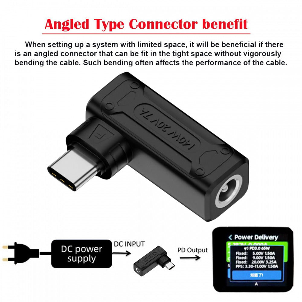140W 100W DC Jack 5.5x2.5mm Input to USB-C Type-C Angled 90 Degree Power Plug Charge Adapter for Laptop Phone UC-066-5525MM