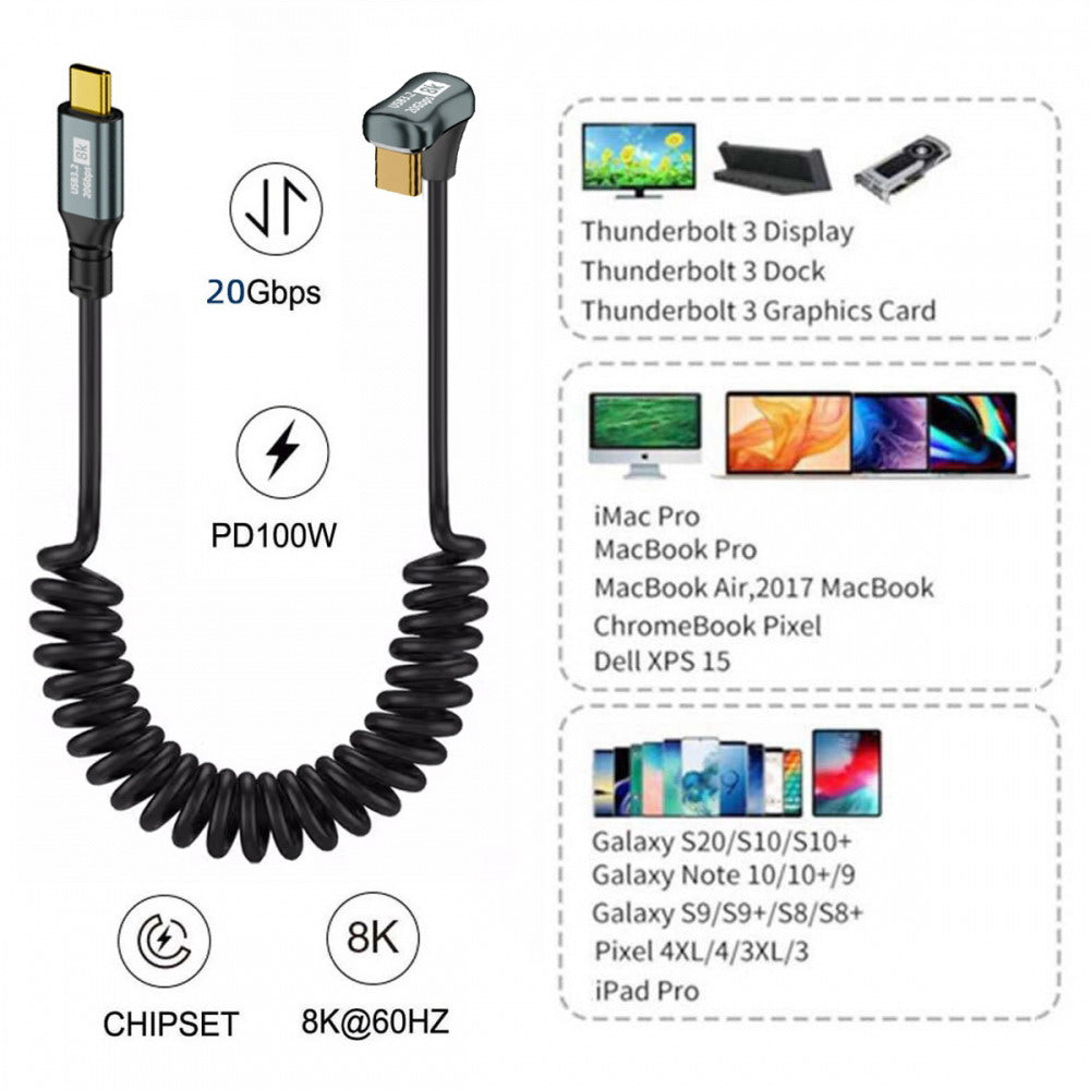Stretch Coiled USB-C USB4 Cable 20Gbps 100W 8K Type-C Opposite Back Angled Male to Male Cable Power & Data for Laptop Keyboard Tablet UC-164-OS-1.8M