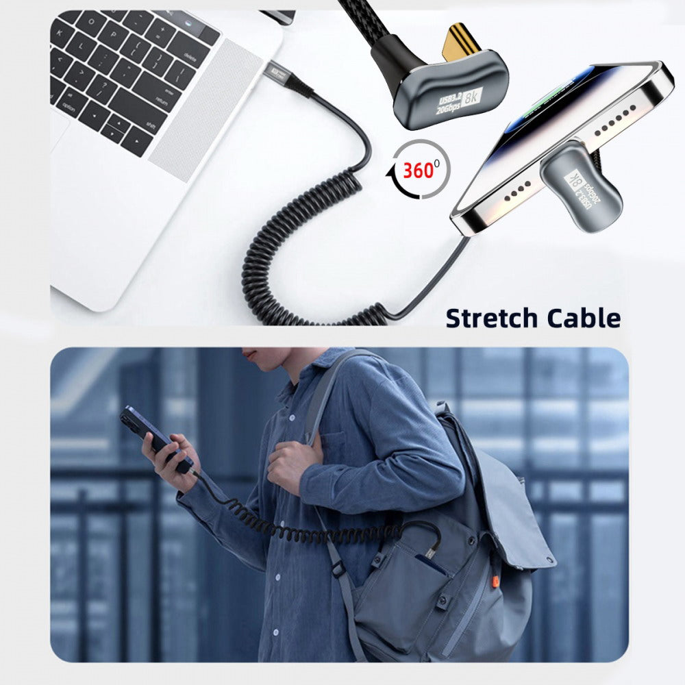 Stretch Coiled USB-C USB4 Cable 20Gbps 100W 8K Type-C Opposite Back Angled Male to Male Cable Power & Data for Laptop Keyboard Tablet UC-164-OS-1.8M