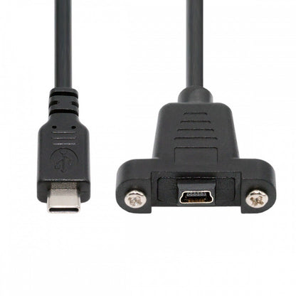 USB2.0 Mini 5Pin Female to Type-C USB-C Male Power Cable 480Mbps Data with Panel Mount Holes 30cm U2-050-TC