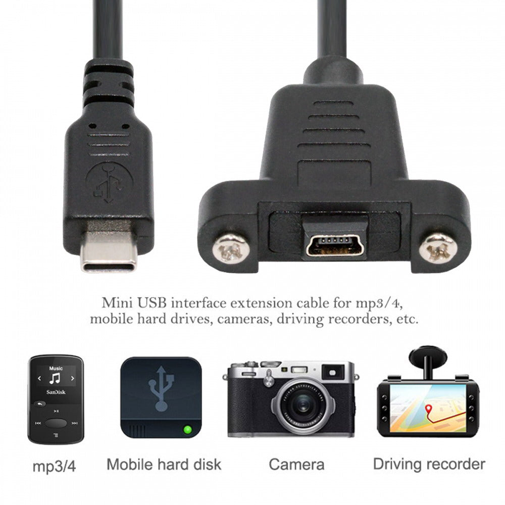 USB2.0 Mini 5Pin Female to Type-C USB-C Male Power Cable 480Mbps Data with Panel Mount Holes 30cm U2-050-TC