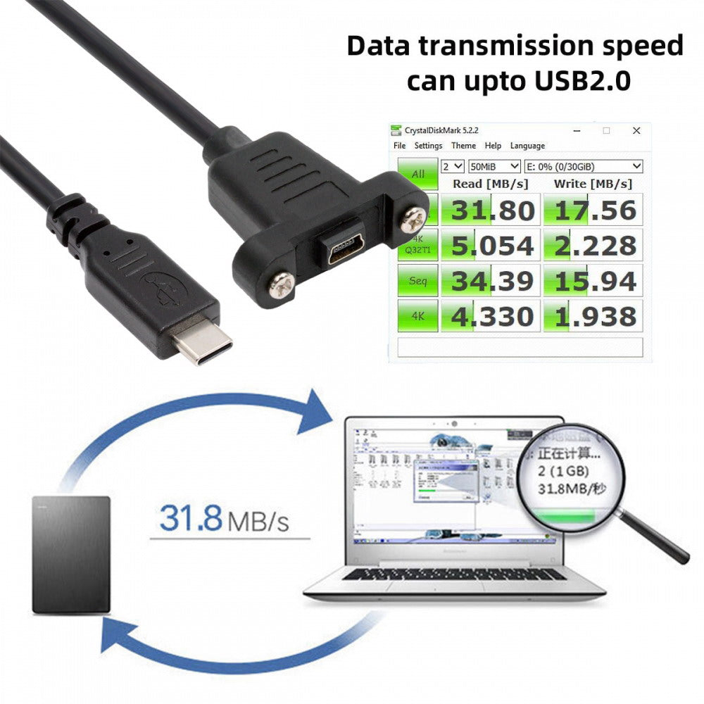USB2.0 Mini 5Pin Female to Type-C USB-C Male Power Cable 480Mbps Data with Panel Mount Holes 30cm U2-050-TC