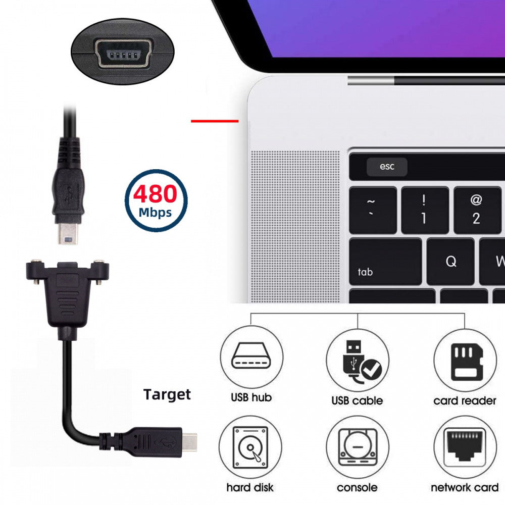 USB2.0 Mini 5Pin Female to Type-C USB-C Male Power Cable 480Mbps Data with Panel Mount Holes 30cm U2-050-TC