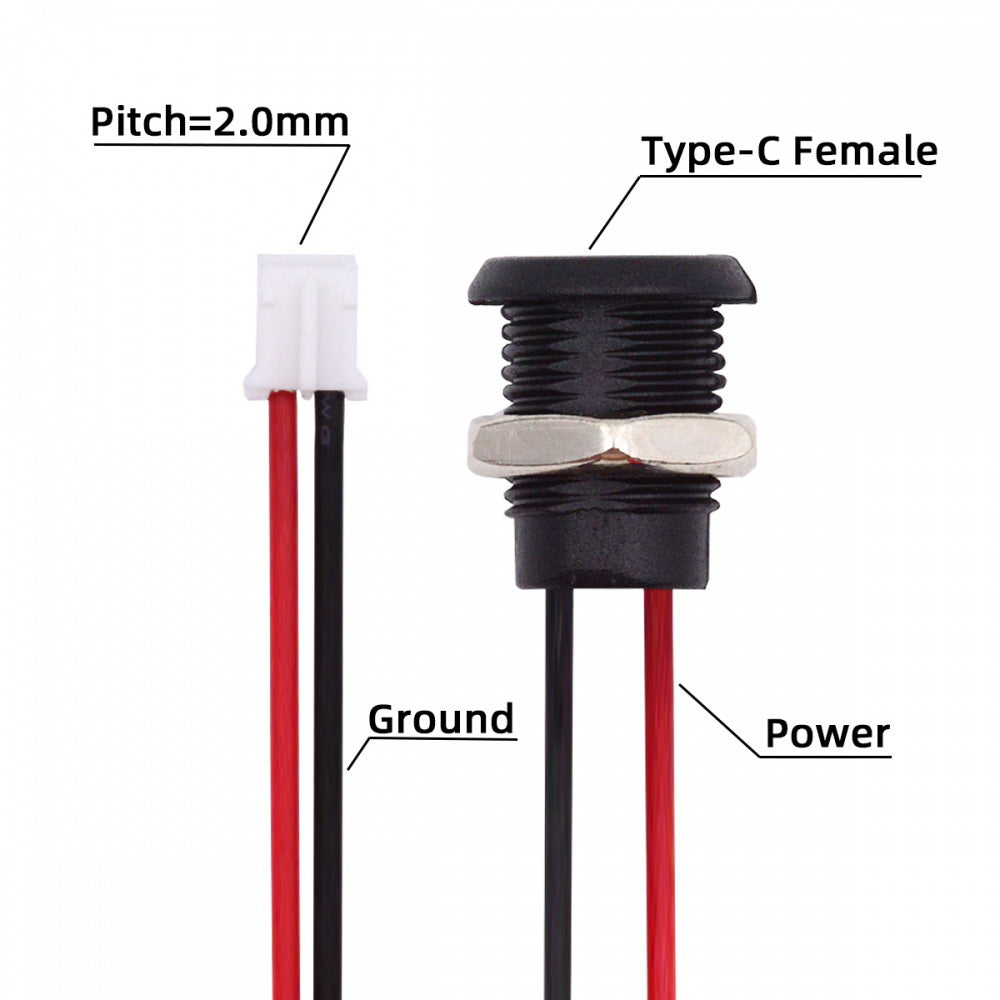 5pcs/set DIY OEM Type C Female Socket to 2Pin Header Cable Pitch=2.0mm Panel Mount Type DC 5V Power CN-015-2P