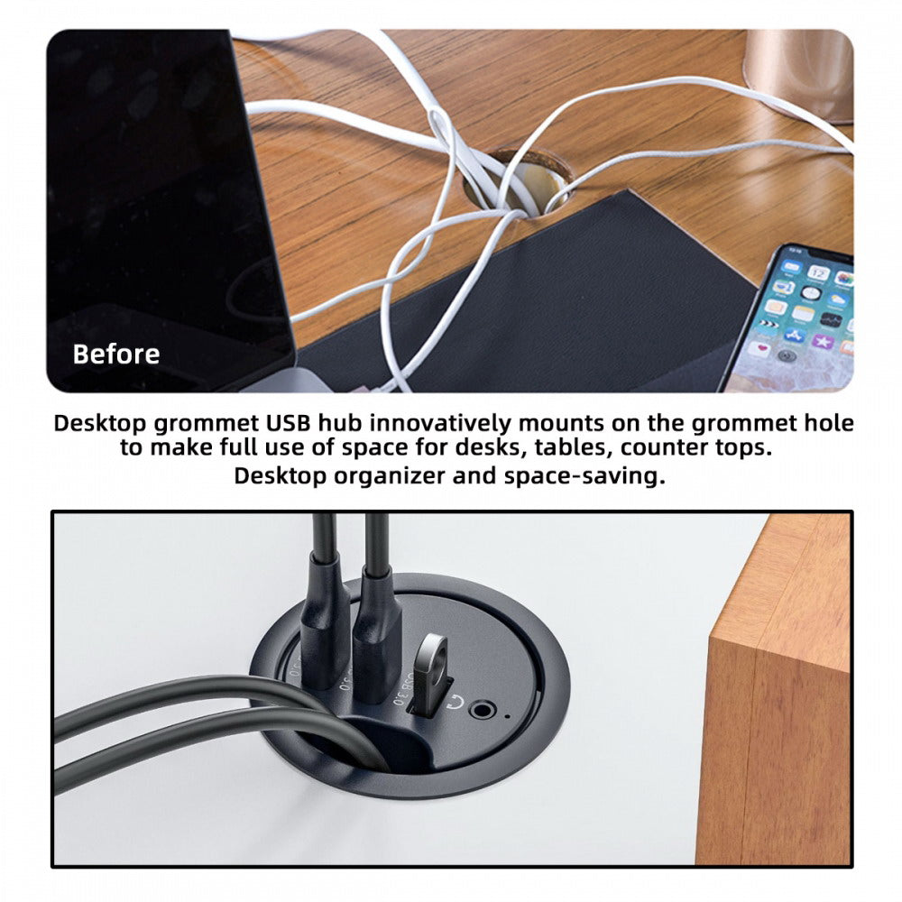 USB 3.0 Hub Sound Card 3 Port USB 60mm Desk Grommet Splitter Dock Station Headphone Mic Audio Interface for Desktop PC U3-095-HUB03