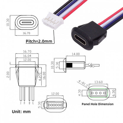5pcs/set DIY OEM Type C Female Socket to 4Pin Header Cable Pitch=2.0mm Latch Mount Type DC 5V Power CN-025-4P
