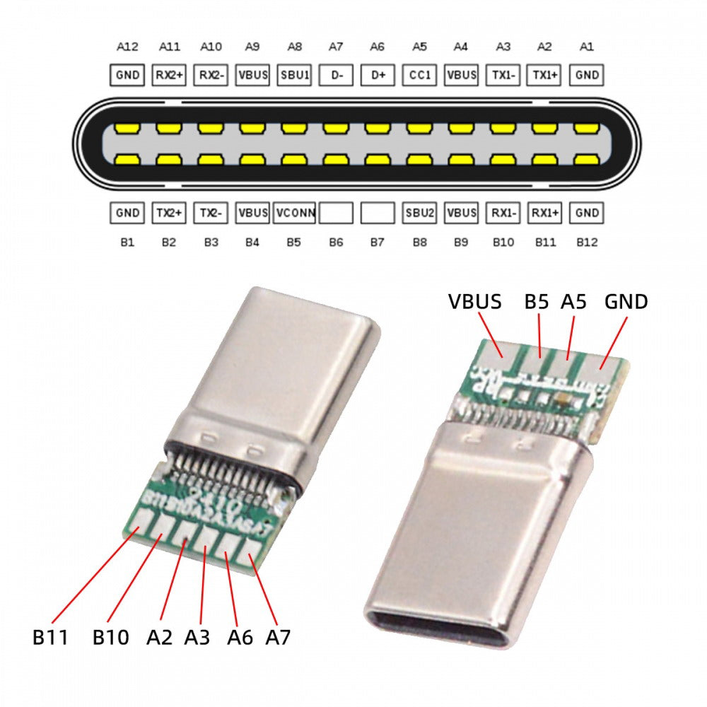 USB 3.1 Type-C Male Plug Connector Solder Type with Aluminum Alloy Shell Black Customization for 4.0mm~6.0mm Cable CN-026-BK