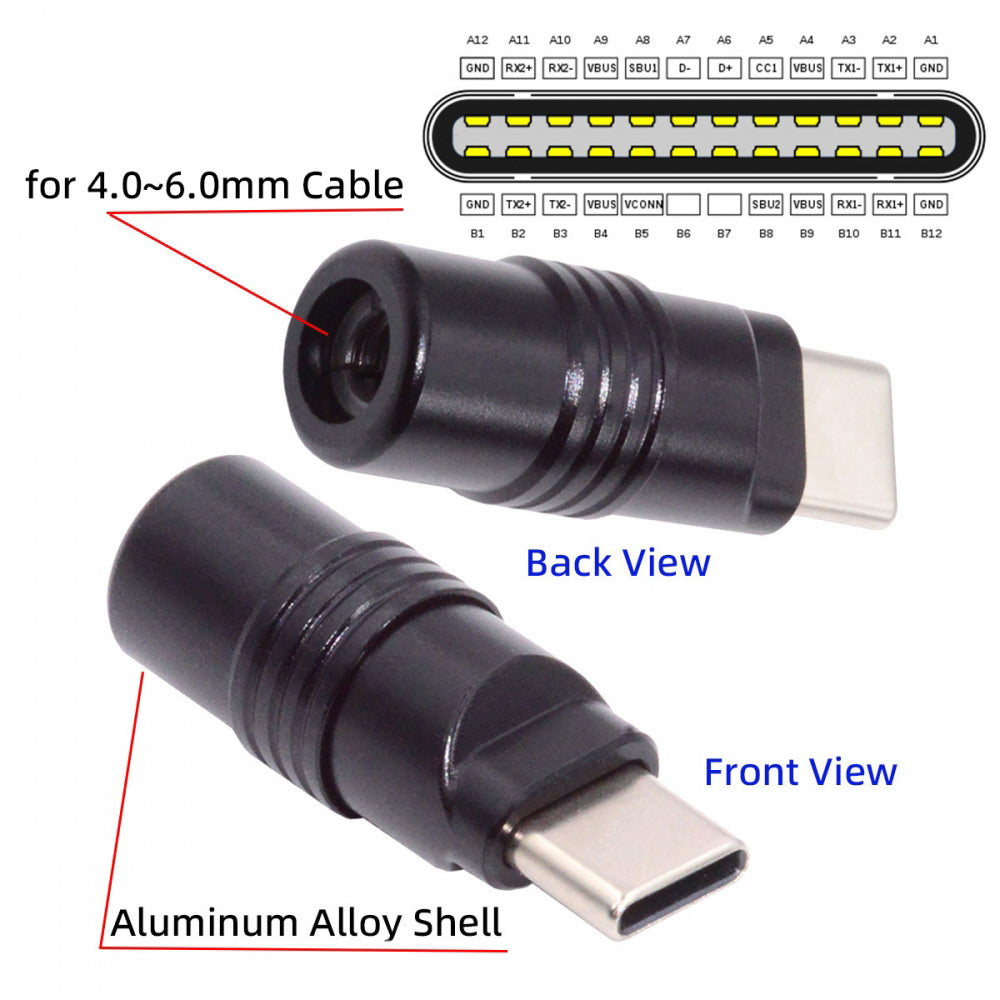 USB 3.1 Type-C Male Plug Connector Solder Type with Aluminum Alloy Shell Black Customization for 4.0mm~6.0mm Cable CN-026-BK