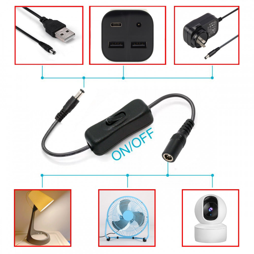 DC Cable with On Off Power Switch Button DC 5.5x2.1mm Male to Female for DC 5V Desk Lamp Fan Camera PW-012-DC