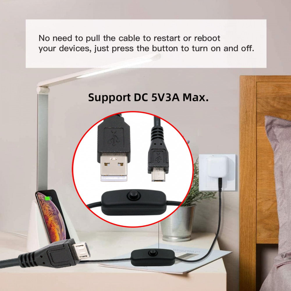 Micro USB2.0 to Type-A Cable with On Off Power Switch Button Micro 5Pin for DC 5V Desk Lamp Fan Camera PW-015-MM