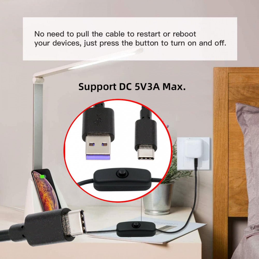 Type-C USB2.0 to Type-A Cable with On Off Power Switch Button USB-C for DC 5V Desk Lamp Fan Camera PW-015-TC