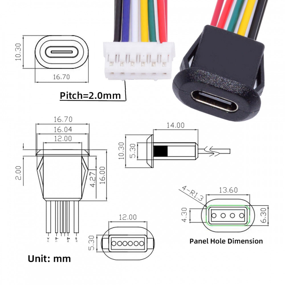 5pcs/set DIY OEM Type C Female Socket to 6Pin Header Cable Pitch=2.0mm Latch Mount Type DC 5V/20V PD Power CN-025-6P