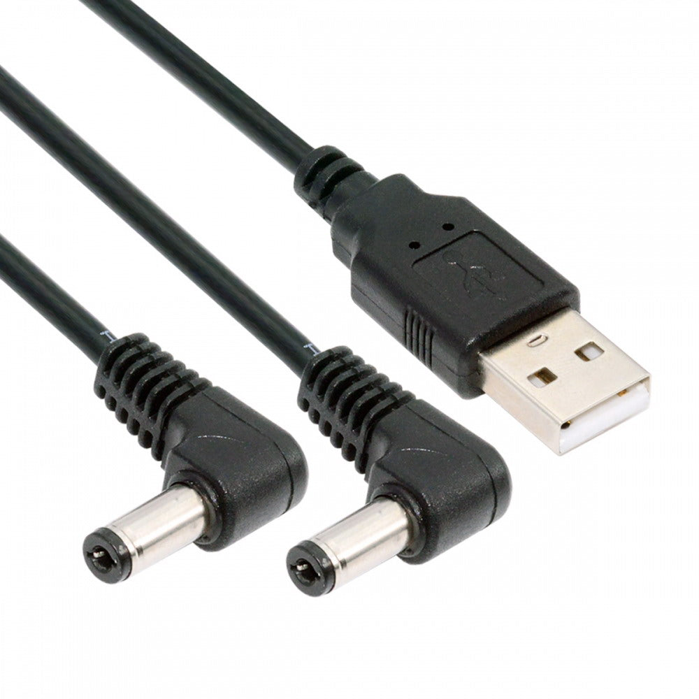 USB Type-A Male to Dual 5.5x2.1mm DC 5V Power Plug Splitter Right Angled 90 Degree Connector Charge Cable U2-077-RI