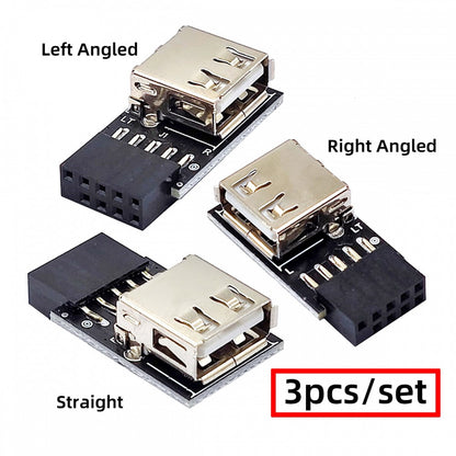 3pcs/set 9Pin/10Pin Motherboard Front Panel Header Female to Single USB 2.0 Female Adapter Vertical Angled Type 90 Degree U2-075-1P