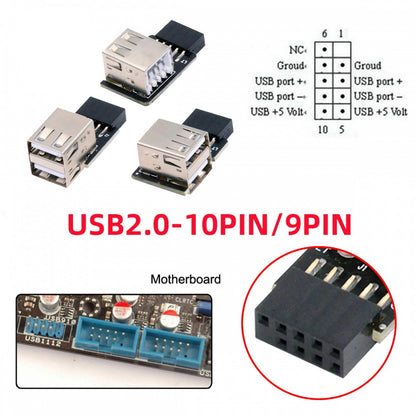 3pcs/set 9Pin/10Pin Motherboard Front Panel Header Female to Dual USB 2.0 Female Adapter Vertical Angled Type 90 Degree U2-075-2P