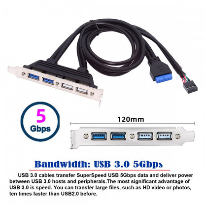 Internal Four USB2.0 & USB 3.0 Female Mount Panel to Motherboard 9pin 19pin 20pin Baffle Cable with PCI Bracket 50cm U3-066-U2