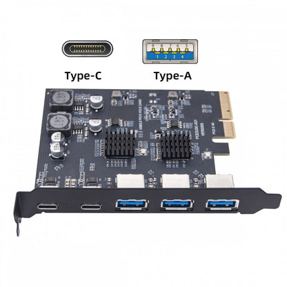 Three Type-A USB3.0 Back Panel Socket & Dual USB3.1 Type-C USB-C to PCI-E Express Card Adapter ASM3142 VL822 UC-083-5P