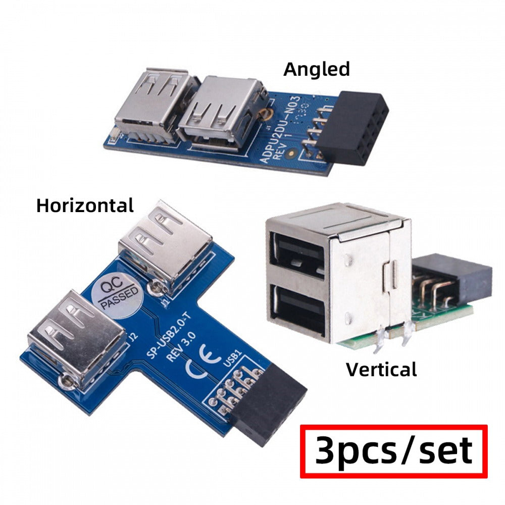 3pcs/set 9Pin USB2.0 Motherboard Front Panel Header Female to Dual USB Female Adapter Vertical Horizontal Type U2-075-9P