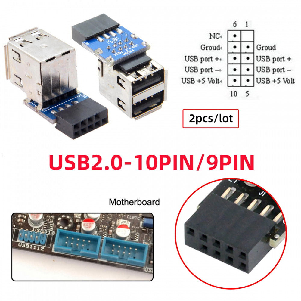 2pcs 9Pin/10Pin Motherboard Female Header to Dual USB 2.0 Female Adapter Vertical Type U2-029-AF001