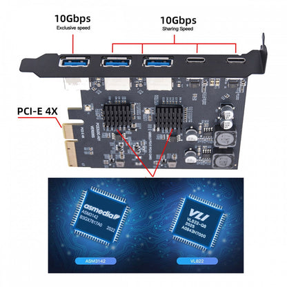 Three Type-A USB3.0 Back Panel Socket & Dual USB3.1 Type-C USB-C to PCI-E Express Card Adapter ASM3142 VL822 UC-083-5P