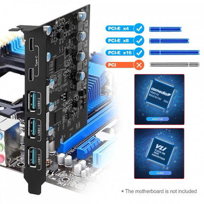 Three Type-A USB3.0 Back Panel Socket & Dual USB3.1 Type-C USB-C to PCI-E Express Card Adapter ASM3142 VL822 UC-083-5P