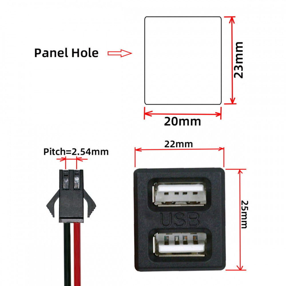 DIY OEM Dual Type-A Female Socket to 2Pin Header Cable Pitch=2.54mm Latch Mount Type DC 5V Power CN-028-AF