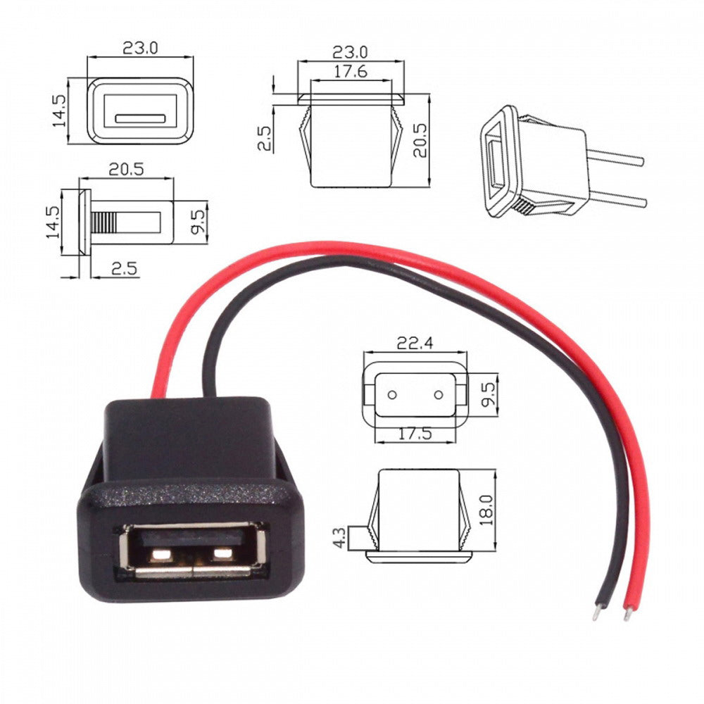 2pcs/set DIY OEM Type A Female Socket to 2Pin Open Cable Latch Mount Type DC 5V Power CN-027-2P