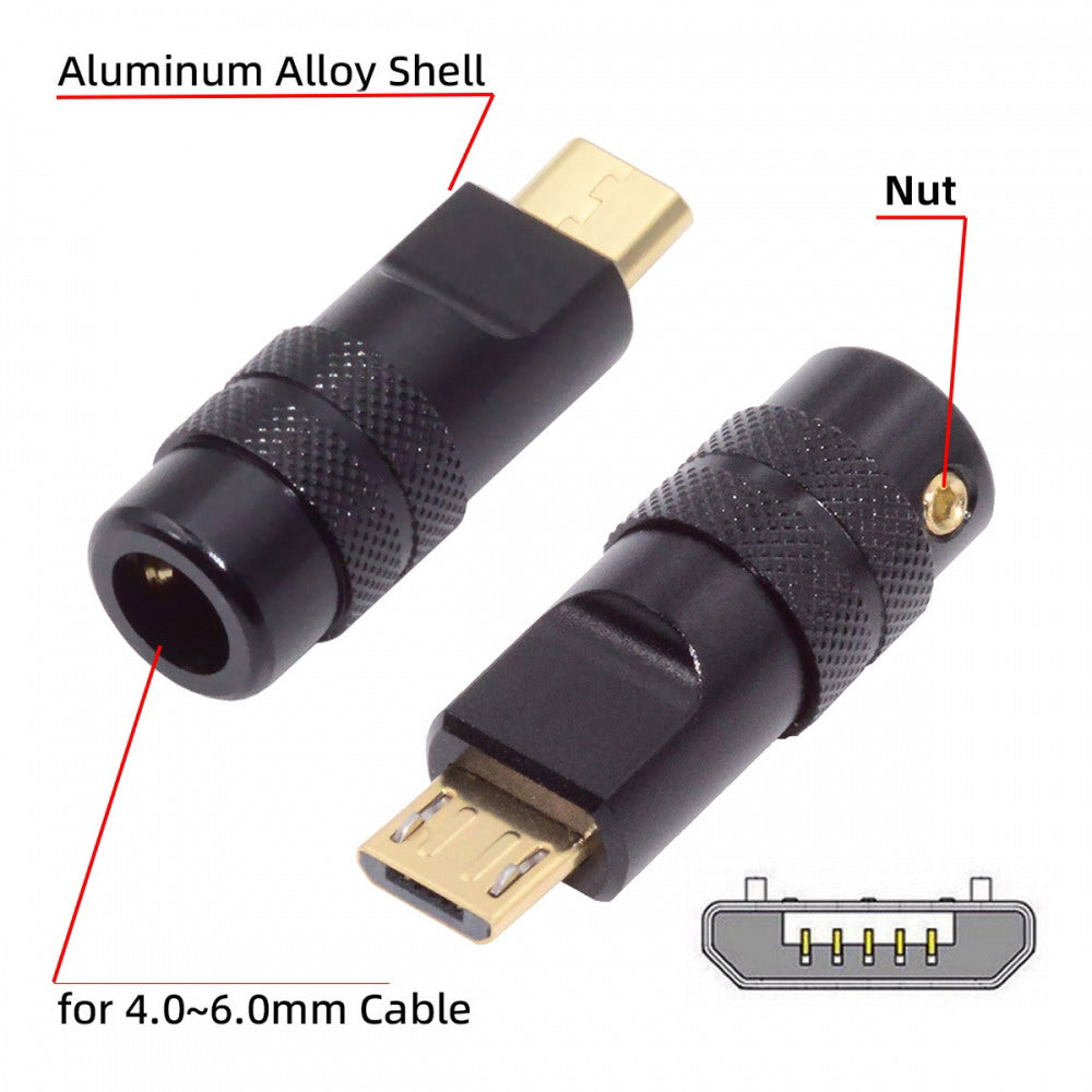 Micro USB2.0 5Pin Male Plug Connector Solder Type with Aluminum Alloy Shell Black Customization for 4.0mm~6.0mm Cable CN-029-MM