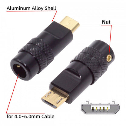 Micro USB2.0 5Pin Male Plug Connector Solder Type with Aluminum Alloy Shell Black Customization for 4.0mm~6.0mm Cable CN-029-MM