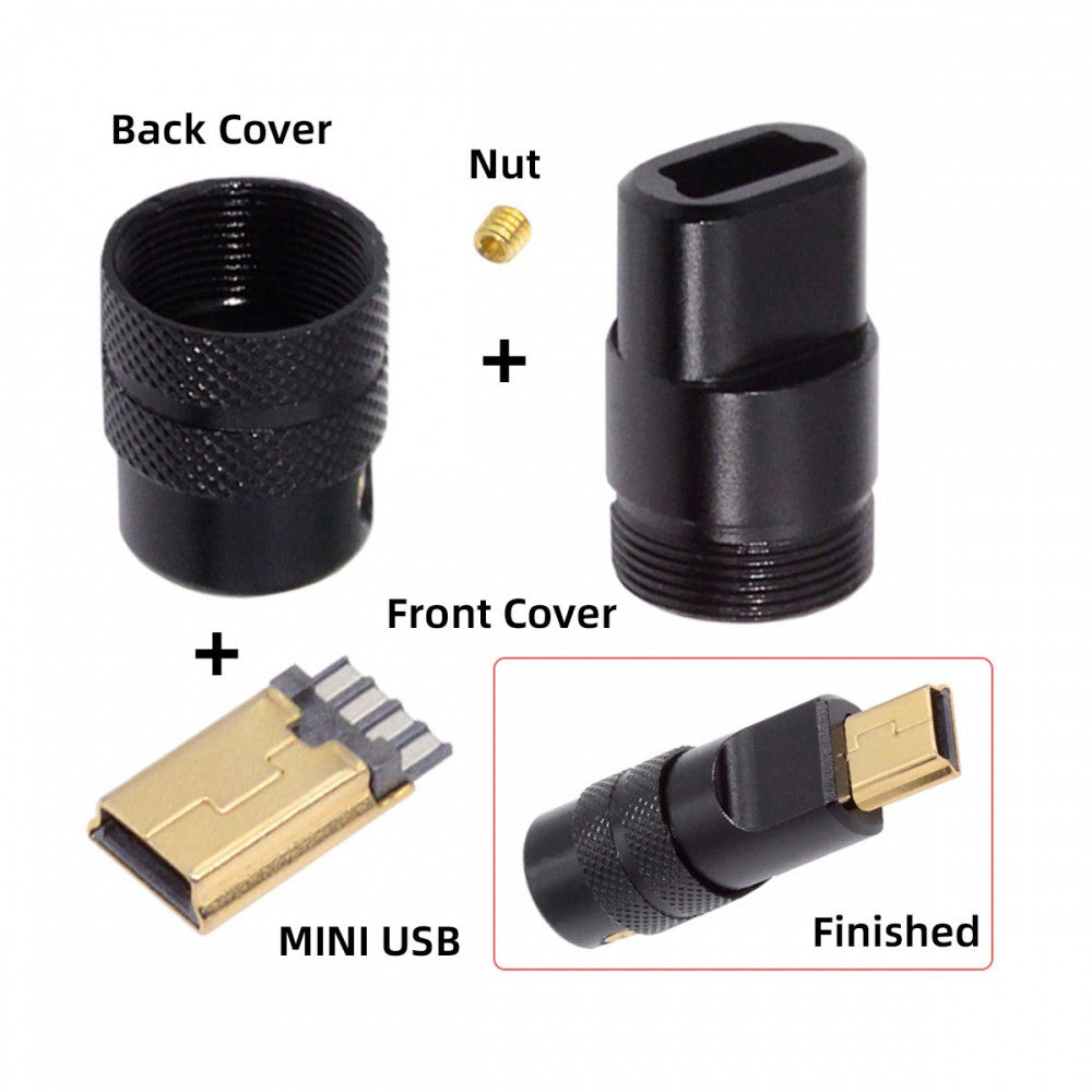Mini USB2.0 5Pin Male Plug Connector Solder Type with Aluminum Alloy Shell Black Customization for 4.0mm~6.0mm Cable CN-029-MN