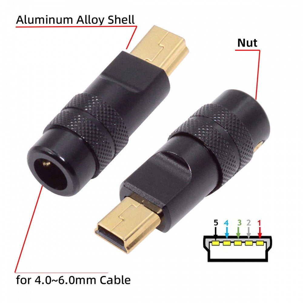 Mini USB2.0 5Pin Male Plug Connector Solder Type with Aluminum Alloy Shell Black Customization for 4.0mm~6.0mm Cable CN-029-MN