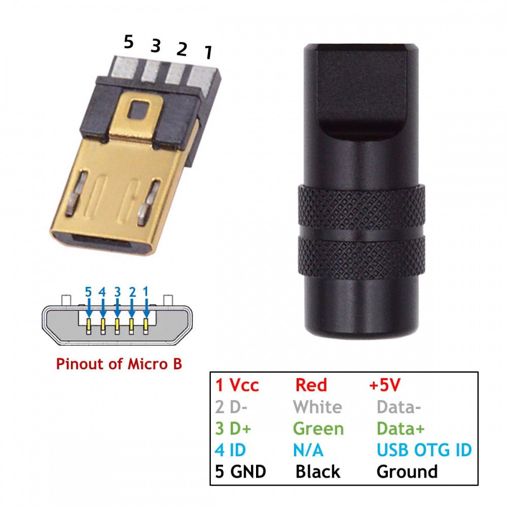 Micro USB2.0 5Pin Male Plug Connector Solder Type with Aluminum Alloy Shell Black Customization for 4.0mm~6.0mm Cable CN-029-MM