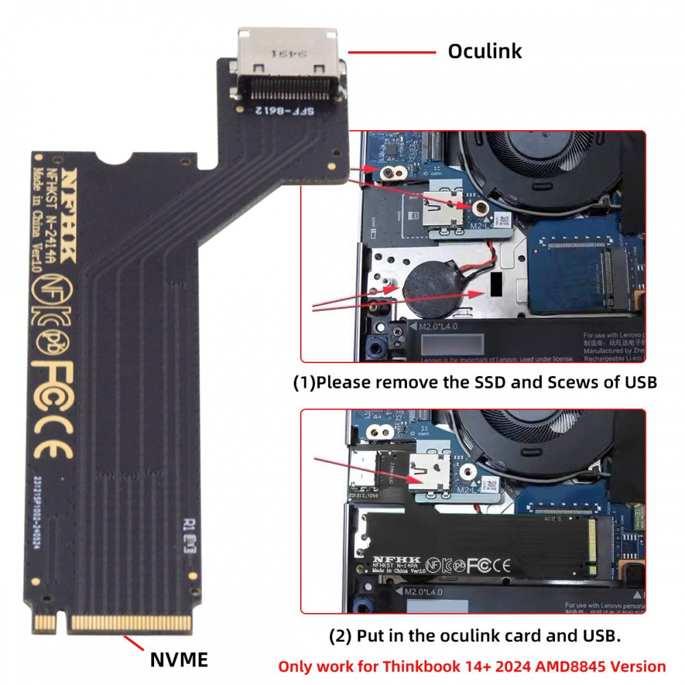 PCI-E 4.0 M.2 M-key to Oculink SFF-8612 SFF-8611 Host Adapter for 2024 ThinkBook 14+ AMD8845 External Graphics Card & SSD SF-065-AMD