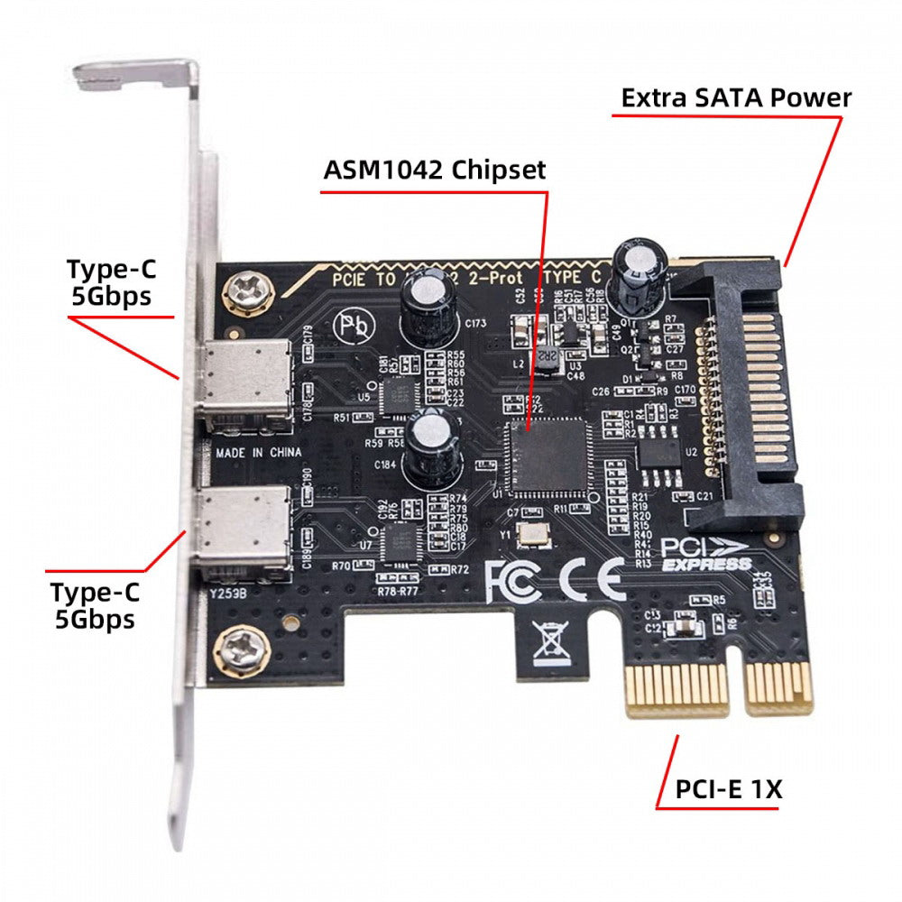 Card USB3.1 Gen1 5Gbps Dual Type-C USB-C Female to PCI-E Express 1x Card Adapter ASM1042 with Low Profile Bracket