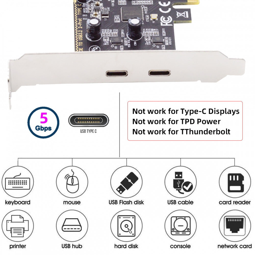 Card USB3.1 Gen1 5Gbps Dual Type-C USB-C Female to PCI-E Express 1x Card Adapter ASM1042 with Low Profile Bracket
